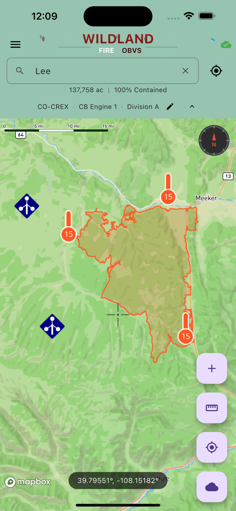 The Wildland Fire Observations app showing the map with an incident selected